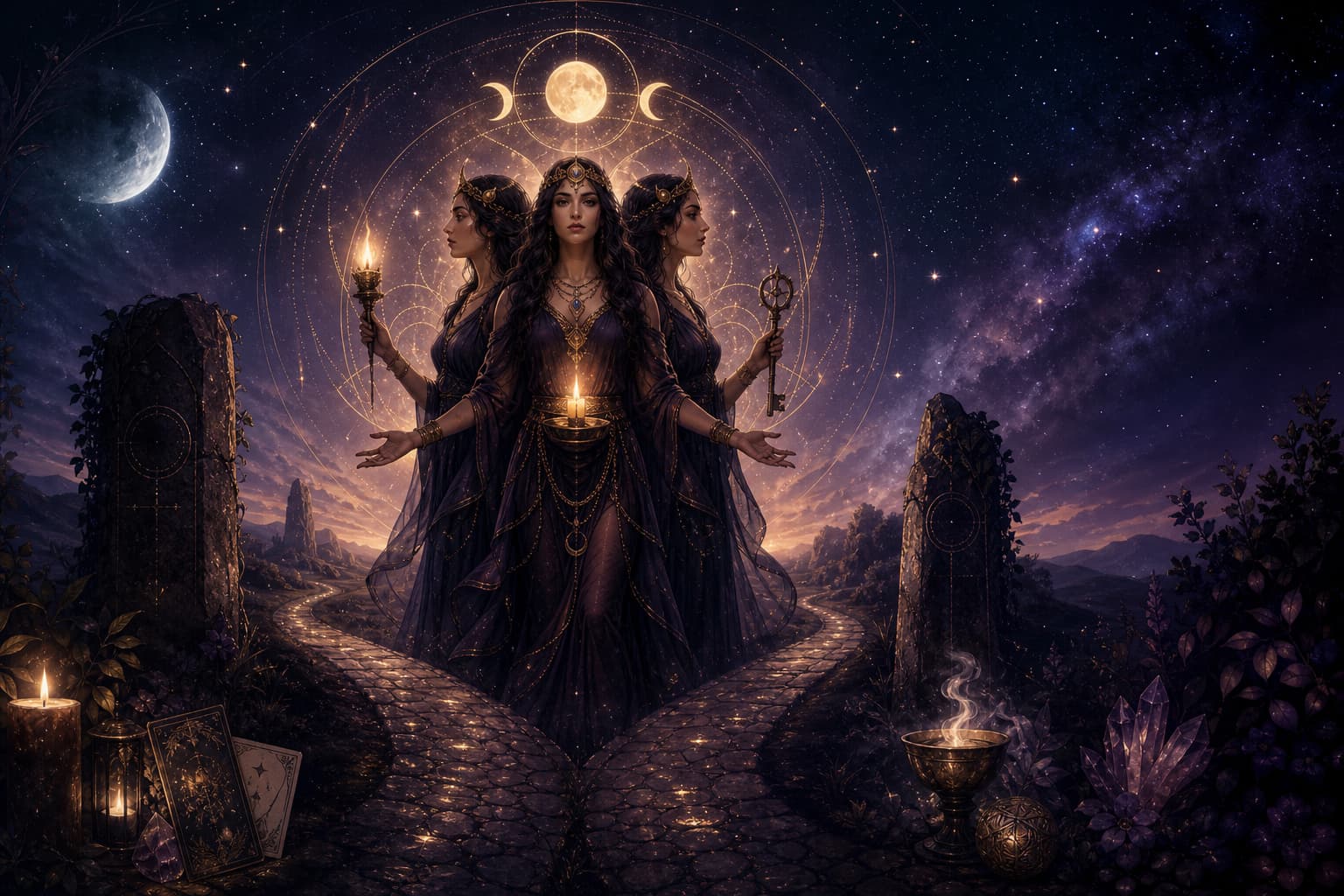 Ilustração de Arquétipos de Hekate: limiar, escolha e travessia