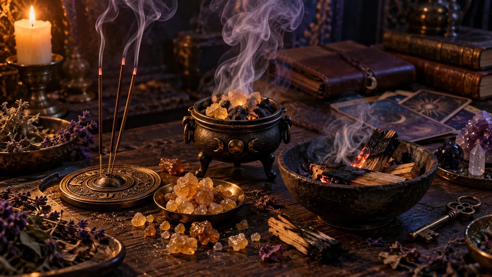Varetas de incenso, resinas e pedaços de madeira em recipientes, com fumaça sobre uma mesa.