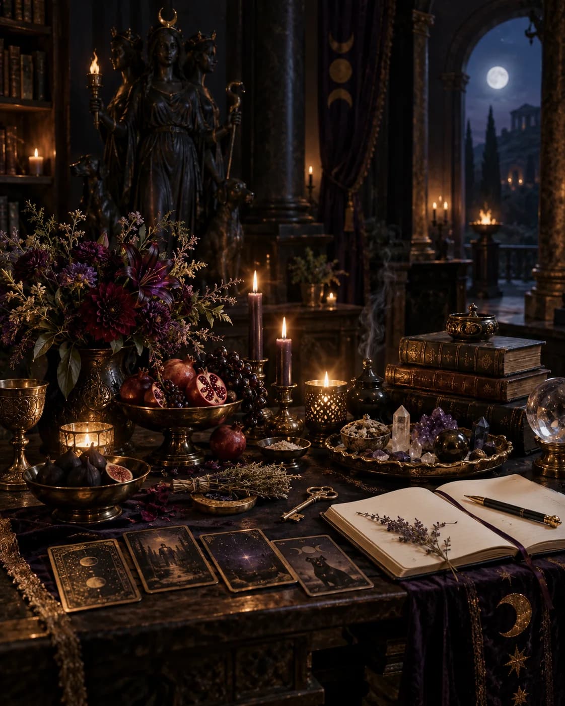 Altar com flores, frutas, velas e uma estátua de Hekate, ao lado de livros e um caderno aberto.