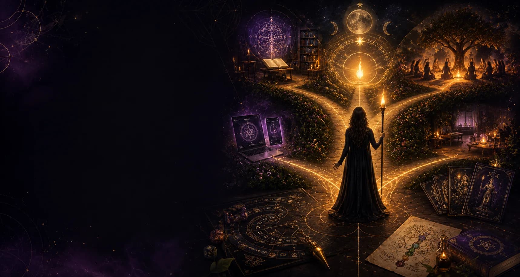 Encruzilhada iluminada entre estudo, comunidade, práticas espirituais e ferramentas do Caminhos de Hekate