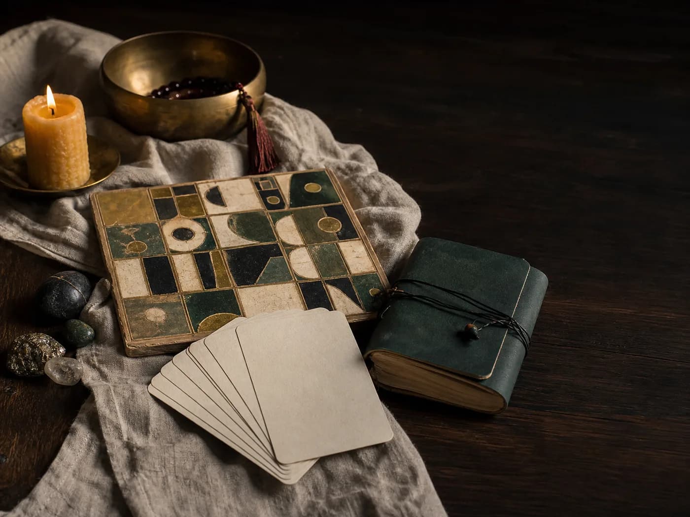 Mesa com tabuleiro, cartas e materiais autorais