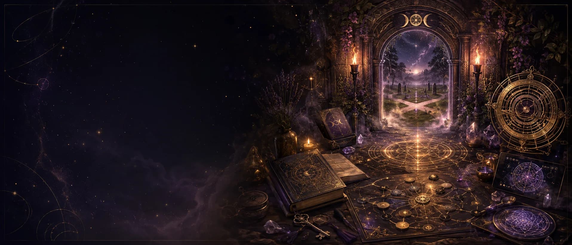 Portal mágico cercado por livros, oráculos e ferramentas autorais do Caminhos de Hekate