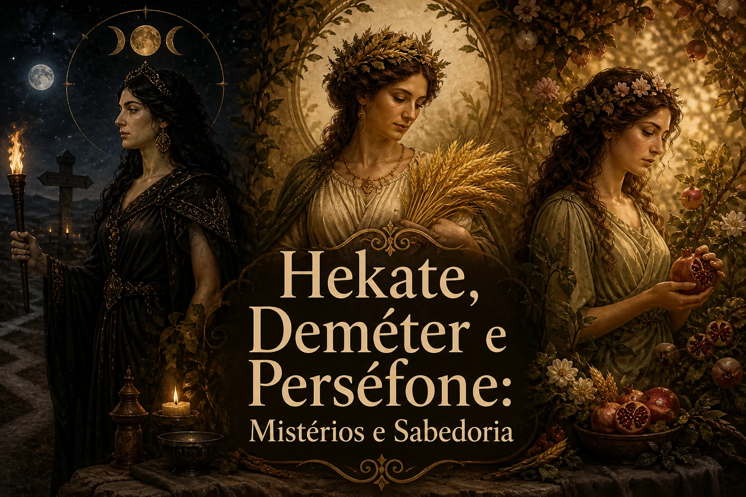 Imagem editorial para Hekate, Deméter e Perséfone nos mistérios no canal caminhos blog.