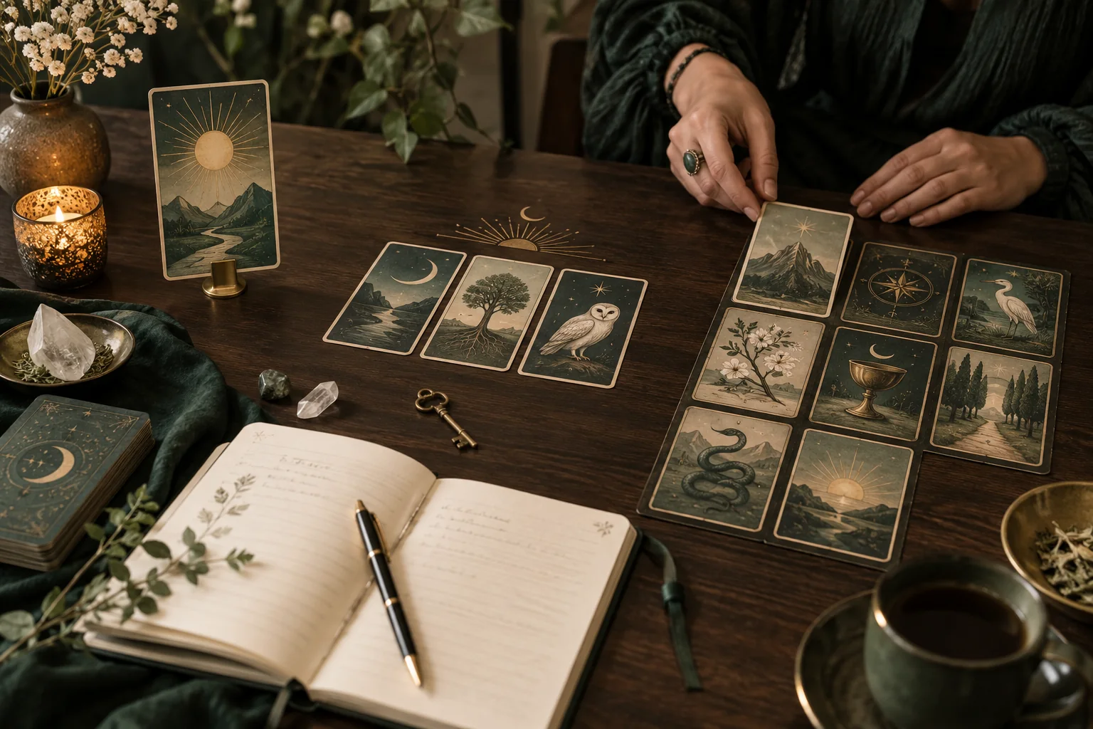 Ilustração de Descubra como a Carta Diária, Abertura Temática e Tiragem Completa Podem Transformar Sua Prática Oracular